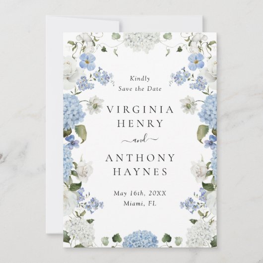 Elegant Blauw Hydrangea Witte Rozen Bloemen Bruilo Save The Date (Voorkant)