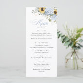 Elegant Blauw Hydrangea Zonnebloemen Bruiloft Menu (Staand voorkant)