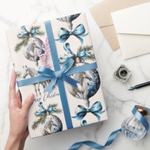 Elegant blauw Kerstmis wit paard ruitersport Cadeaupapier