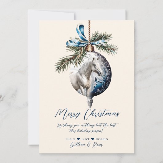 Elegant blauw Kerstmis wit paard ruitersport Feestdagenkaart (Voorkant)