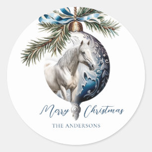 Elegant blauw Kerstmis wit paard ruitersport Ronde Sticker