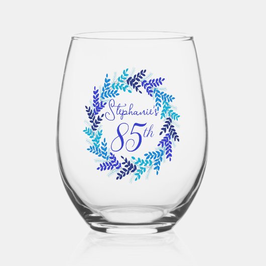 Elegant Blauw Krans 85e Verjaardagsfeestje Wijnglas Zonder Voet (Voorkant)