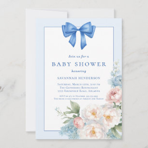 Elegant Blauw Lint Bow Floral Baby shower Kaart