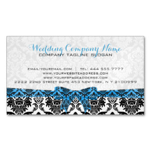 Elegant Blauw Lint Zwart & Wit Damasks Magnetisch Visitekaartje