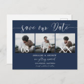 Elegant blauw manuscript 3 foto's sparen de datum briefkaart (Voorkant / Achterkant)