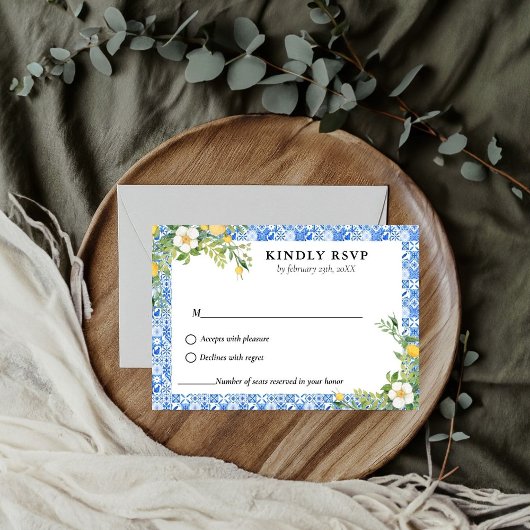 Elegant Blauw Mediterraans citroen bruiloft RSVP Kaartje