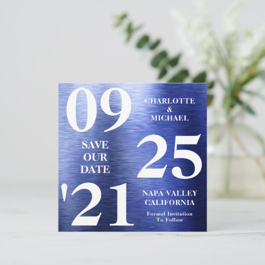 Elegant Blauw Metallic Shimmer Modern Save The Dat Kaart (Staand voorkant)