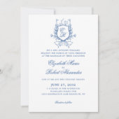 Elegant Blauw Monogram Crest Traditionele Bruiloft Kaart (Voorkant)