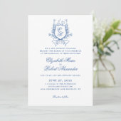 Elegant Blauw Monogram Crest Traditionele Bruiloft Kaart (Staand voorkant)