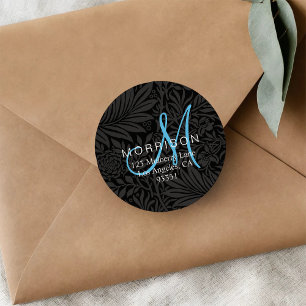 Elegant Blauw Monogram Zwarte Bloem Motief Retoura Ronde Sticker