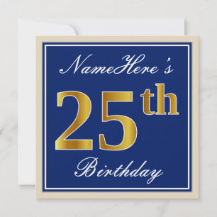 Elegant, Blauw, Nep Goud 25e Verjaardag + Naam Kaart