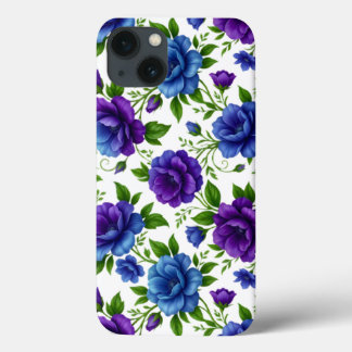 Elegant Blauw & Paarse Roos Bloemmotief iPhone 13 Hoesje