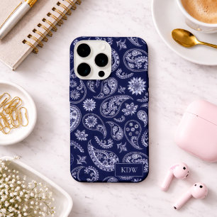 Elegant Blauw Paisley Monogram iPhone 15 Pro Hoesje