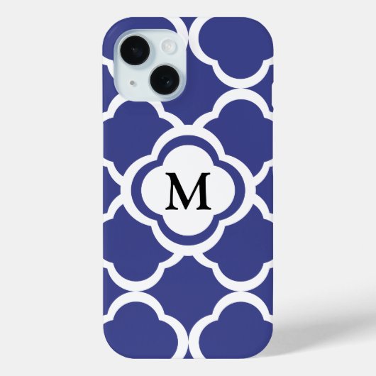 Elegant Blauw Quatrefoil Patroon Monogram Case-Mate iPhone Case (Achterkant)
