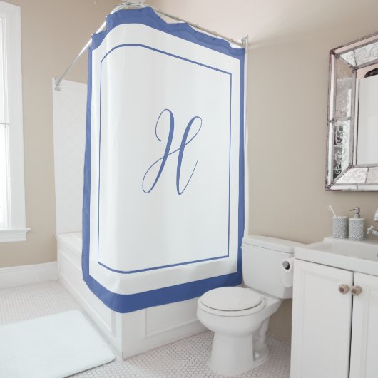 Elegant Blauw Rand Script Monogram Letter H Douchegordijn (In situ)