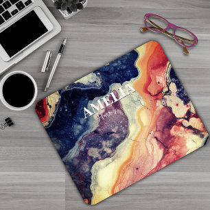 Elegant blauw rood marmer kunst girly monogram muismat