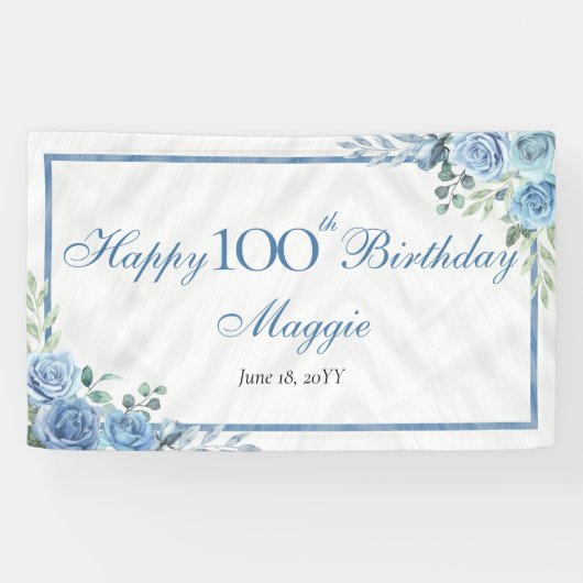 Elegant Blauw Roos Bloemen 100ste Verjaardagsfeest Spandoek (Horizontaal)