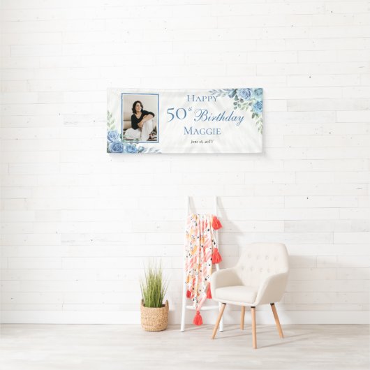 Elegant Blauw Roos Bloemen Lijst 50ste Verjaardags Spandoek (Insitu)