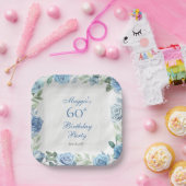 Elegant Blauw Roos Bloemen Lijst 60ste Verjaardags Papieren Bordje (Feest)