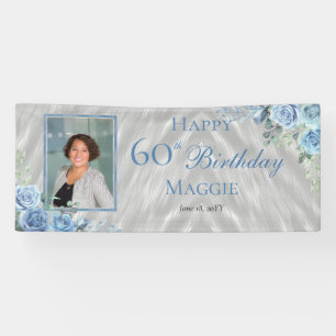 Elegant Blauw Roos Bloemen Lijst 60ste Verjaardags Spandoek