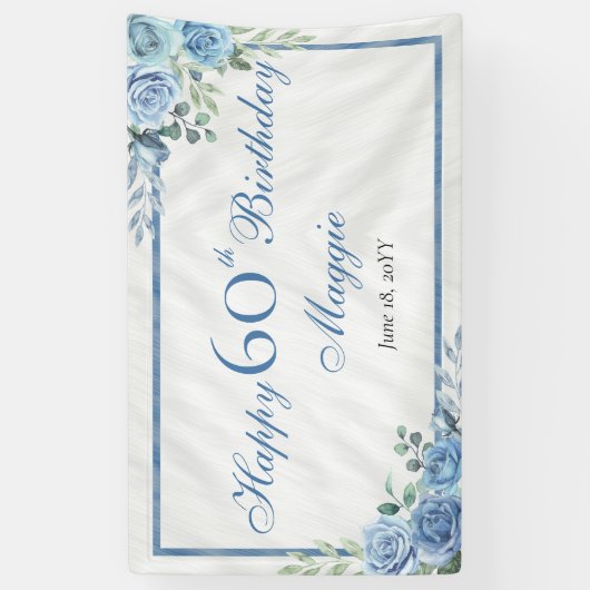 Elegant Blauw Roos Bloemen Lijst 60ste Verjaardags Spandoek (Verticaal)
