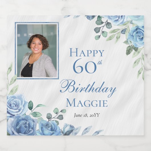 Elegant Blauw Roos Bloemen Lijst 60ste Verjaardags Sparkling Wijnetiket (Enkel label)