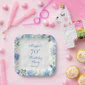 Elegant Blauw Roos Bloemen Lijst 70ste Verjaardags Papieren Bordje (Feest)