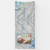 Elegant Blauw Roos Bloemen Lijst 90ste Verjaardags Spandoek (Verticaal)