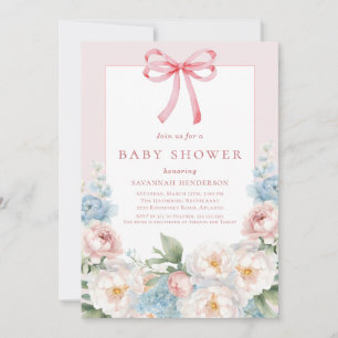 Elegant Blauw Roze Bloemen Bow Baby shower Kaart