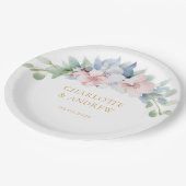 Elegant Blauw Roze Bloemen Bruiloft Papieren Bordje (Gekanteld)