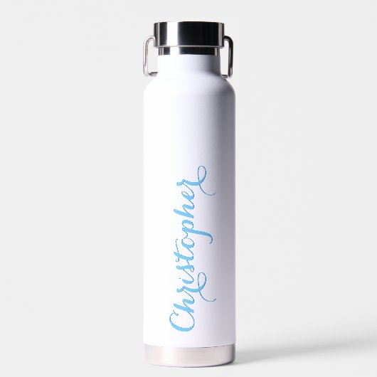 Elegant Blauw Script Aangepaste Naam Monogrammed W Waterfles (Voorkant)