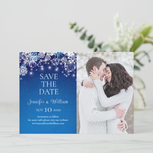 Elegant Blauw Sneeuwvlok Bruiloft Save The Date (Staand voorkant)
