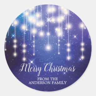 Elegant Blauw String Lights Merry Christmas Sticke Ronde Sticker