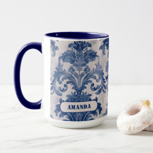 Elegant Blauw Toile de Jouy Damast Monogram Mok