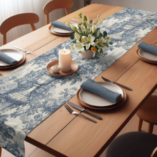 Elegant  Blauw toile de jouy monogram Korte Tafelloper
