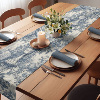 Elegant  Blauw toile de jouy monogram Korte Tafelloper