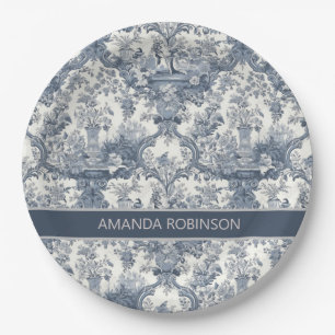 Elegant  Blauw toile de jouy monogram Papieren Bordje