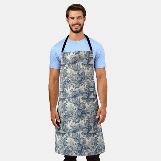 Elegant Blauw toile de jouy monogram Schort (Gedragen)