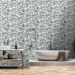 Elegant Blauw Toile de Jouy Village Peel & Stick Behang