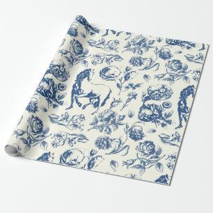 Elegant Blauw Toile Paard Bloemenpatroon Cadeaupapier