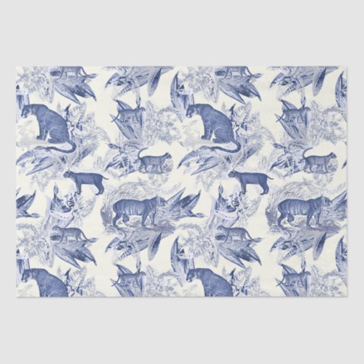 Elegant Blauw Toile Wild Cats Oerwoud Tissuepapier (Voorkant)