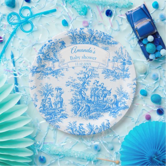 Elegant blauw turquoise toile de jouy papieren bordje (Feest)