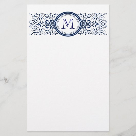 Elegant blauw vintage filigree monogram briefpapier (Voorkant)