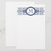 Elegant blauw vintage filigree monogram briefpapier (Voorkant / Achterkant)