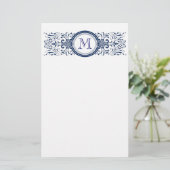 Elegant blauw vintage filigree monogram briefpapier (Staand voorkant)