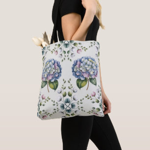 Elegant Blauw Waterverf Bloemmotief Draagtas