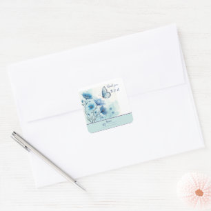 Elegant Blauw Waterverf Natuur Bloem & Vlinder Vierkante Sticker
