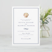 Elegant Blauw Waterverf Seashell Ocean Wedding Kaart (Staand voorkant)
