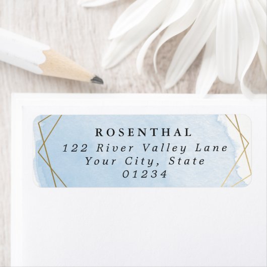 Elegant Blauw Waterverf Splash Goud Lijst Etiket (Insitu)