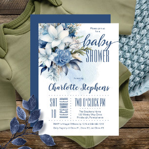 Elegant Blauw Winter Bloemen Jongen Baby shower Kaart